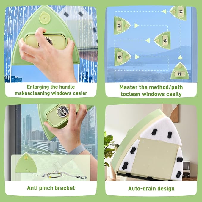 Double-Sided Magnetic Window Cleaner, Green | Adjustable Magnetic Double Window Wiper, Fits 3-30mm Glass Thickness, 2.5m Safety Rope for High-Rise & Auto Glass