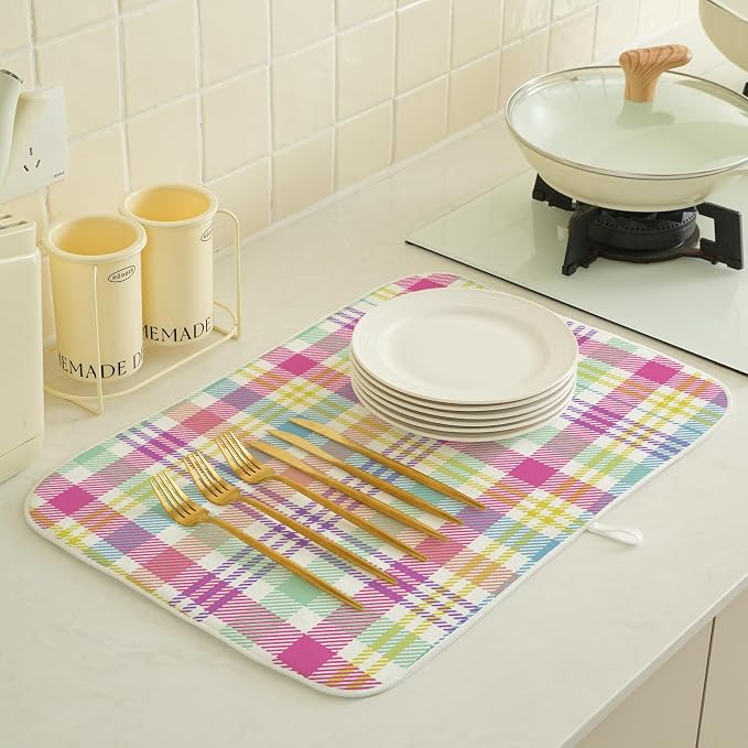 Easter Checkered Dish Drying Mat 18x24 Inch Colorful Buffalo Plaid Drying Mat Gingham Spring Holiday Absorbent Dish Drying Pad Dish Rack Drainer Mats for Kitchen Dining Counter