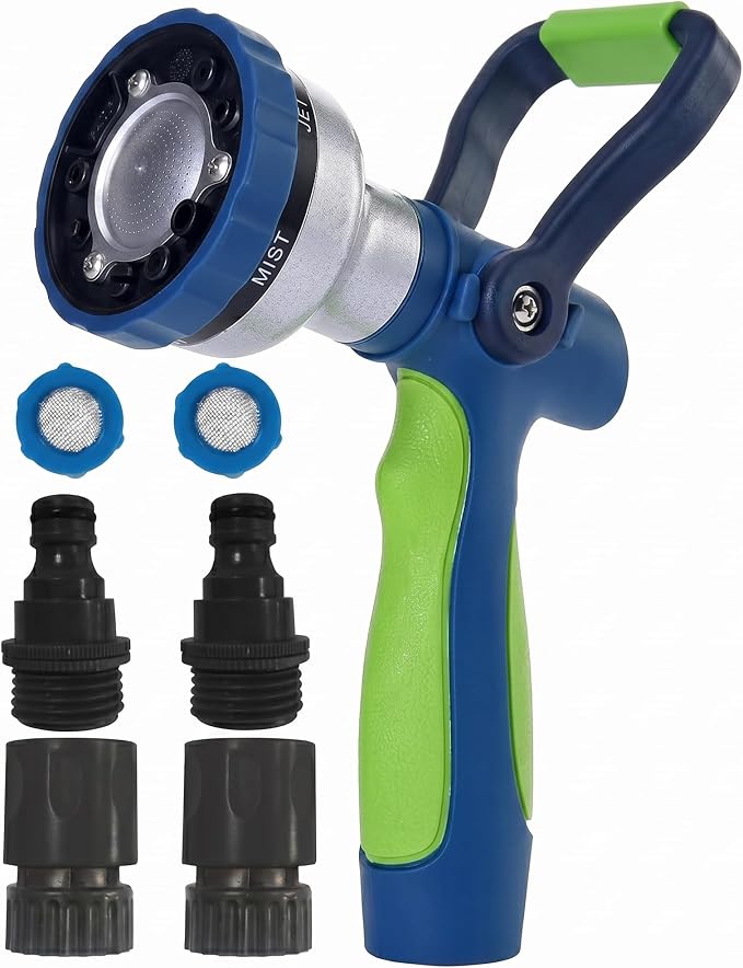 GREEN MOUNT Garden Hose Nozzle with Quick Connect Set - Zinc Alloy High Pressure Sprayer, Fireman Style Handle for Car Wash & Plant Watering, Green
