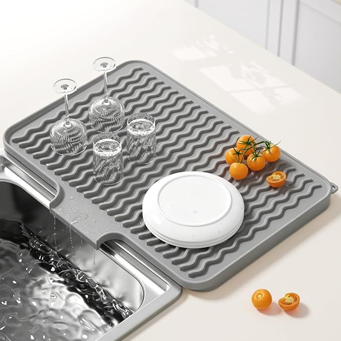 Rnivvi Silicone Dish Drying Mat for Kitchen Counter, 16 x 12" Fast Drainage Dish Rack Pad Drying Mats, Non-Slip Countertop Protector Heat Resistant Trivet, Easy to Clean Sink Drip Pad for Dishes, Gray