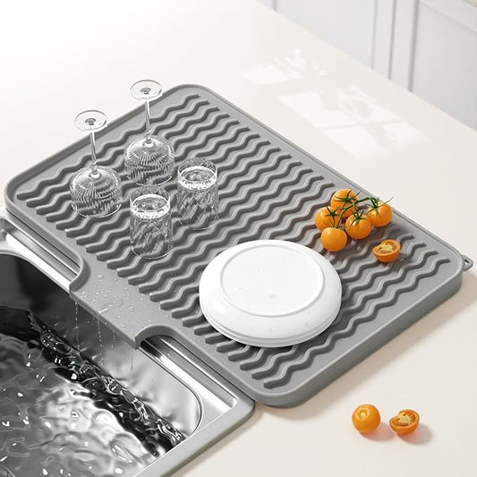 Rnivvi Silicone Dish Drying Mat for Kitchen Counter, 16 x 12" Fast Drainage Dish Rack Pad Drying Mats, Non-Slip Countertop Protector Heat Resistant Trivet, Easy to Clean Sink Drip Pad for Dishes, Gray
