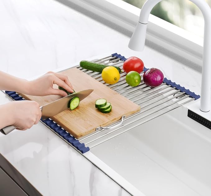 Tomorotec 17.7" x 15.5" Roll Up Dish Drying Rack Over Sink Drying Rack Sink Cover Kitchen Sink Accessories Gadget Multipurpose Organizer Foldable Stainless Steel Drainer