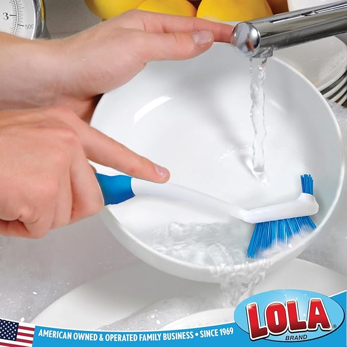 Dish Brush Scrubber for Kitchen, 36 Pack, by LOLA, Stiff Bristles & Food Scraper, Comfort No-Slip Grip Handle, Safe for Non-Stick & Coated Cookware