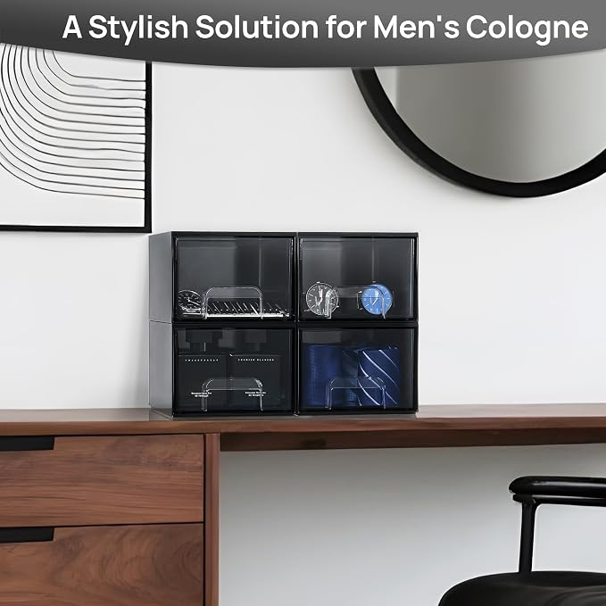 Vtopmart Black Small Stackable Storage Drawers, Cologne Organizer for Men,Plastic Containers for Vanity, Dresser,Office Desk,Bathroom Countertop Organization,Ideal for Room Decor