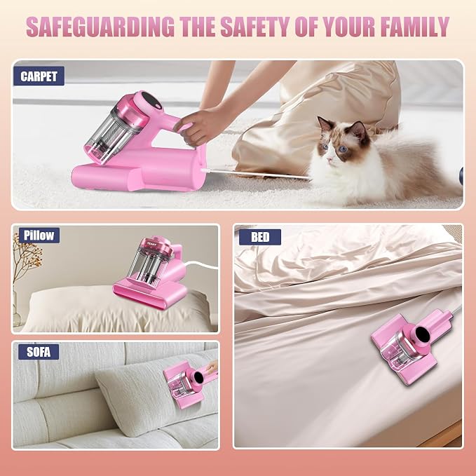 Teant Mattress Bed Vacuum Cleaner, 16 kPa Suction & 253.7nm UV-C, MV-Pink | 2-Speed Mattress Vacuum with 33000 RPM Tapping, UV-C, Ultrasonic, 149℉ Heat, Anion, HEPA, Deep Clean for Bed and Pet Hair