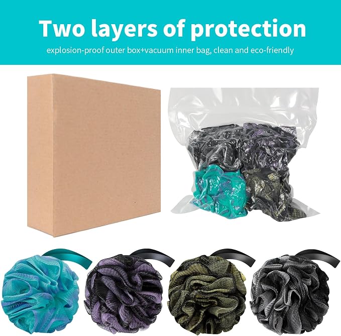 BCKENEY Bath Loofah Shower Sponge Body Back Scrubber Soft Mesh Shower Puffs Exfoliating Loofa for Women & Men Bath Accessories Cleaning Tool (Pack of 4 60G Loofah, Dark Elf)