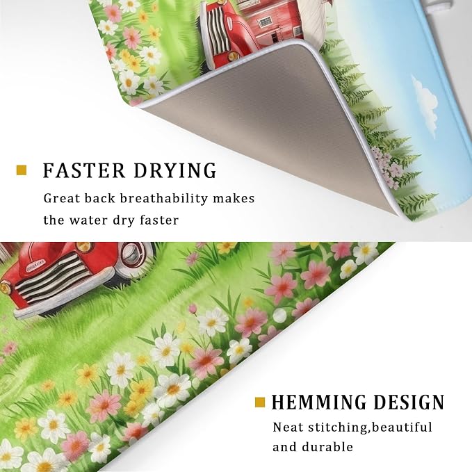 Spring Dish Drying Mat for Kitchen Counter Red Truck Flowers Microfiber Absorbent Dish Draining Reusable Washable Foldable Extra Large 18"x24"