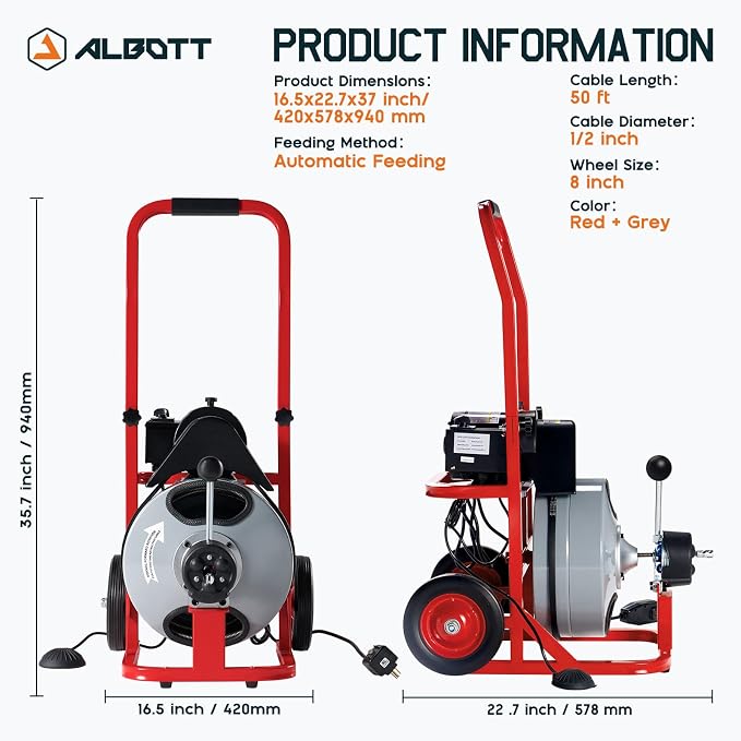Albott 50 FT x 1/2 inch Electric Drain Cleaner Machine with Auto-Feed & 10 Cutters, Sewer Snake Auger for 1–4 Inch Pipes, Foot Switch & Wheels, Ideal for Home & Commercial Use, Gray/Red