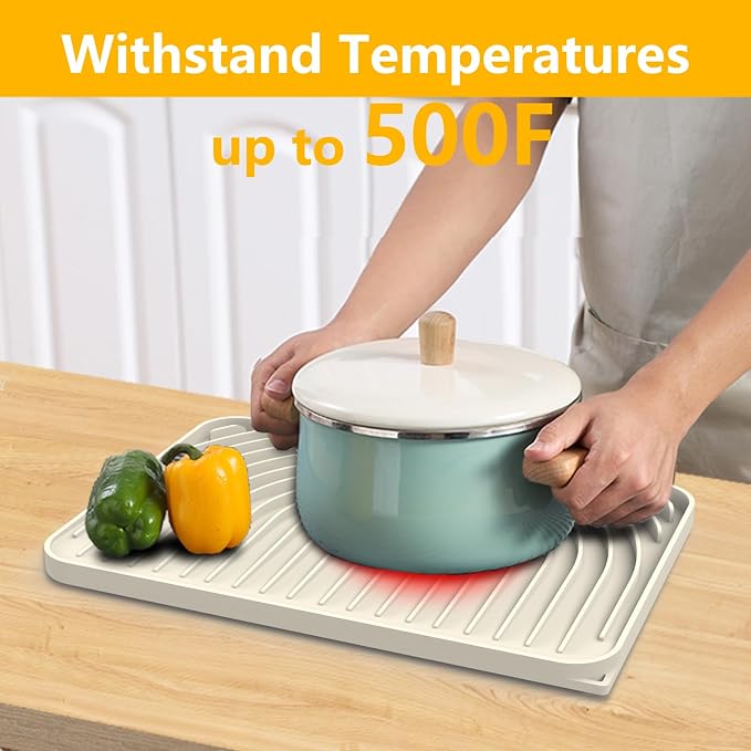 Kitchen Counter Dish Drying Mat, 14.6"x11" Dish Drying Rack(cream) | Various Sizes & Colors,Steep-Slope Built in Drain,High-fin Ventilation,Food-grade Silicone,500F heat resistant,for Flat sinks