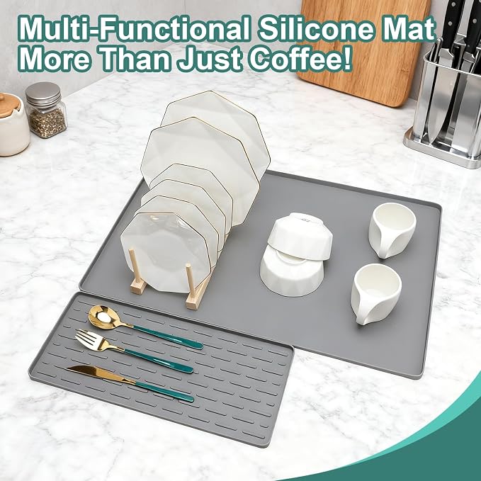 Silicone Coffee Mat, 24"X16" Heat-Resistant,Eco-friendly,Hygienic Drying Pad,Leak-Proof and Non-Slip,Removable Silicone Mat with Concave and Convex Design,（Gray 24X16）