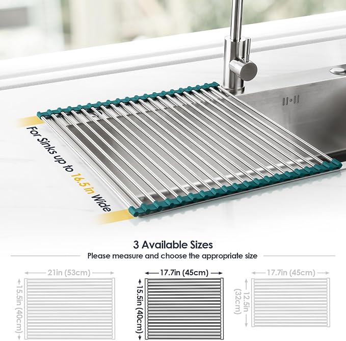 Tomorotec Stainless Steel Roll Up Dish Drying Rack, Foldable Over The Sink Rolling Drainer Rack, Multipurpose Kitchen Gadget Draining Caddy Organizer, Space Saving Sink Accessory Storage Shelf Holder