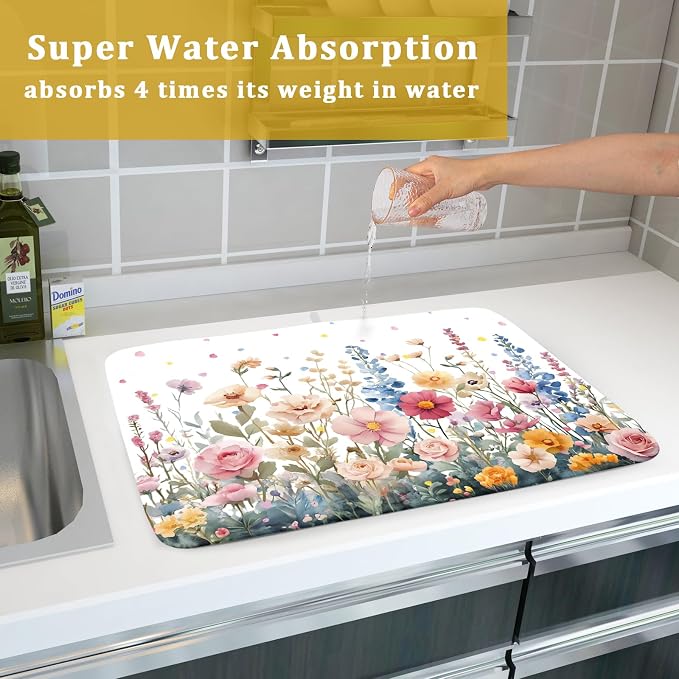 Colorful Flower Dish Drying Mat 18x24 Inch Botanical Floral Drainer Rack Mats Washable Absorbent Dish Dry Pad for Kitchen Counter Sink