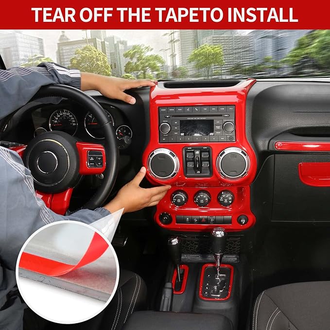 RT-TCZ 10PCS JK Interior Accessories Trim Kit for Jeep Wrangler 2011-2017 | Red JKU Center Console Dashboard Cover, Steering Wheel Decal, Gear Shift Panel, ABS Plastic, Tape-Easy Install