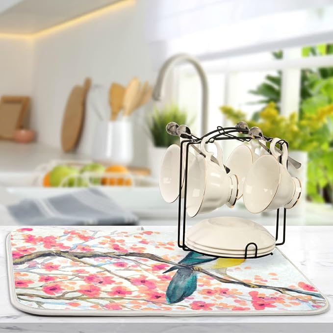 Absorbent Dish Drying Mat for Kitchen Counter - Watercolor Flowers and Birds Microfiber Drying Pad, Reversible Drainer Mats for Countertop, Small 16 x 18 inch