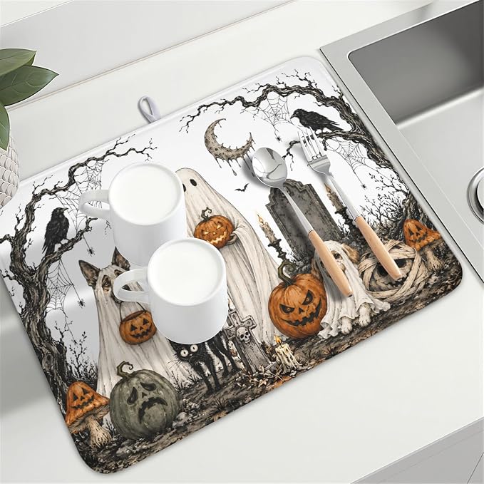 Halloween Ghost Dish Drying Mat for Kitchen Counter Spooky Pumpkins Dog Cat Crow Pattern Microfiber Dish Drainer Mat Vintage Holiday Absorbent Washable Drying Pad 18"x24"