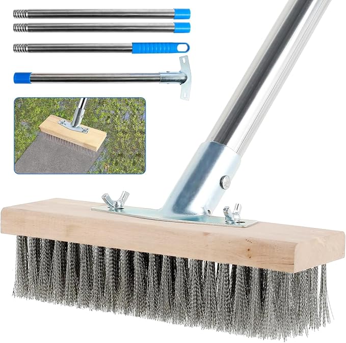 Stainless Steel Deck Brushes for Scrubbing Heavy Duty, 65" Deck Scrub Brush with Long Handle - Concrete Scrub Brush Stiff Metal Bristle Concrete Brush for Cleaning Moss Patio Garage Garden Pool Floor
