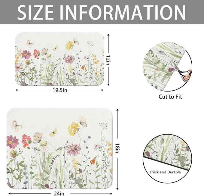 Dish Drying Mat 2-Pack with Floral for Kitchen Counter Absorbent Dishes | Diatom Mud Mats (18x24, 19.5x12"). Non-slip rubber back for kitchen counter, coffee bar & sink scenes