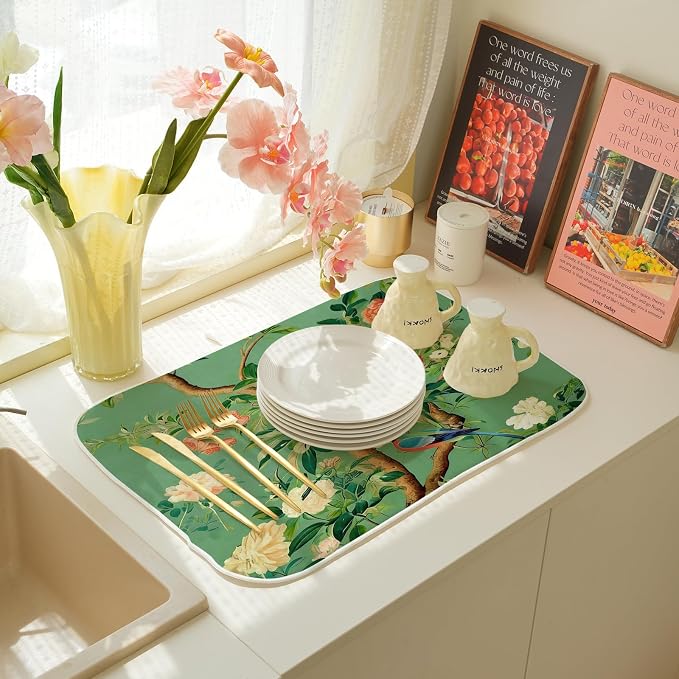 Chinoiserie Dish Drying Mat 18 x 24 Inch Vintage Green Bird Floral Drying Mat for Kitchen Counter Absorbent Spring Summer Green Dishes Dry Pad for Drainer Rack Kitchen Fast Dry