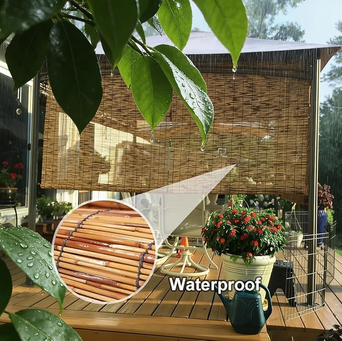 Waterproof Bamboo Roller Shades Sun Shade, Custom Size Bamboo Roll Up Window Shades for Porch, Patio & Interior Windows, Outdoor Privacy Screen Hand-Woven Roman Blinds(17" W x 72" H)