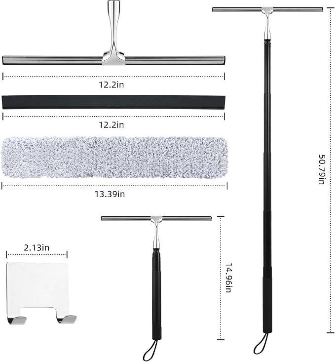 Toncoke 2 in 1 Window Squeegee, Shower Squeegee Window Cleaning Kit with Extension Pole Long Handle Squeegee for Shower Glass Floor Bathroom Home Outdoor, 12 inch Wide, Black