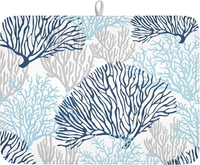 Beach Theme Dish Drying Mat for Kitchen Counter 18x24 Inch | Blue Coral，Polyester，Absorbent Microfiber，for Coffee Dining Decor