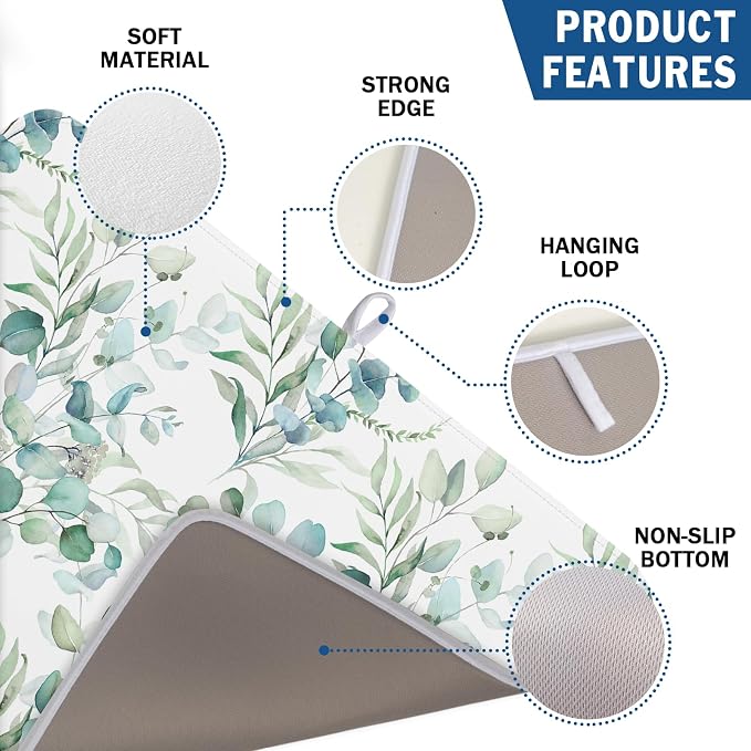 Sage Green Leaves Dish Drying Mats for Kitchen Counter 18x24 Inch, Leaves Kitchen Drying Mat,Watercolor Herbs Dishes Pad Dish Drainer Rack Mats Absorbent Fast Dry Kitchen Accessories