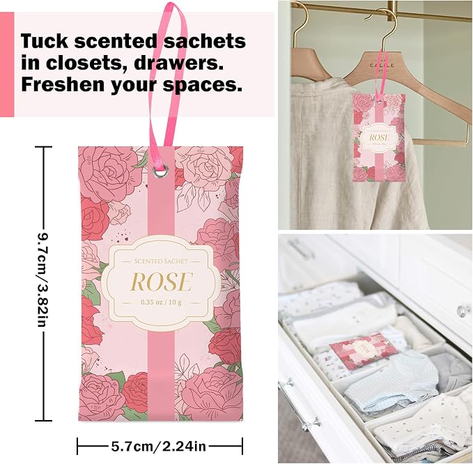 SCENTORINI Scented Sachets for Drawer and Closet, Rose Scent 14 Pack | Long-Lasting Sachets Bags Gift Set, Closet Freshener Sachet for Drawer, Suitcases, Handbags, Wardrobe Freshener, Gym Bag