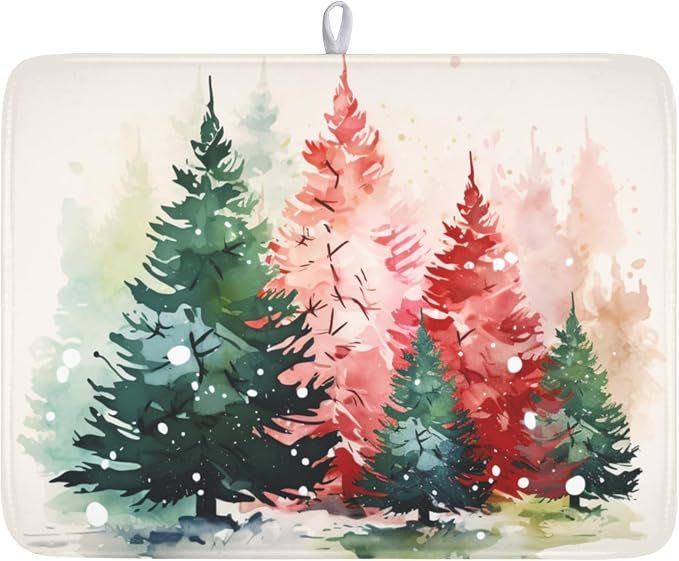Christmas Dish Drying Mat for Kitchen Counter Xmas Theme Red Green Watercolor Trees Dish Drainer Mat Rustic Farmhouse Winter Holiday Absorbent Washable Drying Pad 18"x24"
