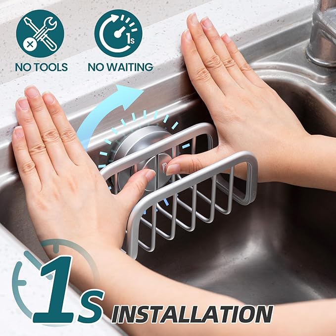 TAILI Sink Caddy with Strong Suction Cup, Sponge Holder for Kitchen Sink Oganizer, Removable Rustproof Aluminum Sponge Holder, Dish Brush for Scraper - Silver
