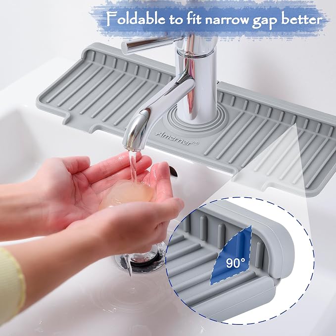 Amerner Kitchen Sink Splash Guard, Silicone Faucet Guard & Draining Mat, 10° Large Slope Sink Faucet Mat Splash Guard, Bathroom Sink Organizer, Kitchen Sink Accessories Gadgets, 14.2” x 5.1”, Gray
