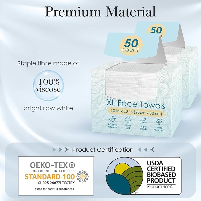 Fygrip 2 Pack of 50 count XL Disposable Face Towels 10” x 12”, 100% Viscose Fibre, Soft & Skin Friendly Face Towelettes Disposable, Facial Tissue Wipes for Women Cleansing