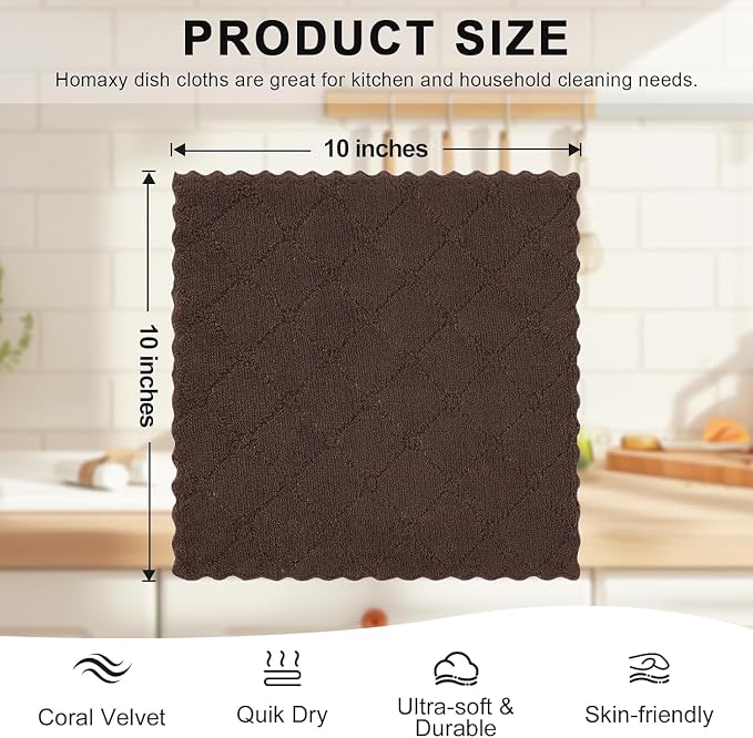 Homaxy 24 Pack Kitchen Dish Cloths (10 x 10 Inches, Brown), Super Soft and Absorbent Coral Velvet Dish Towels, Nonstick Oil Fast Drying Microfiber Cleaning Cloth, No Lint Household Dishcloths