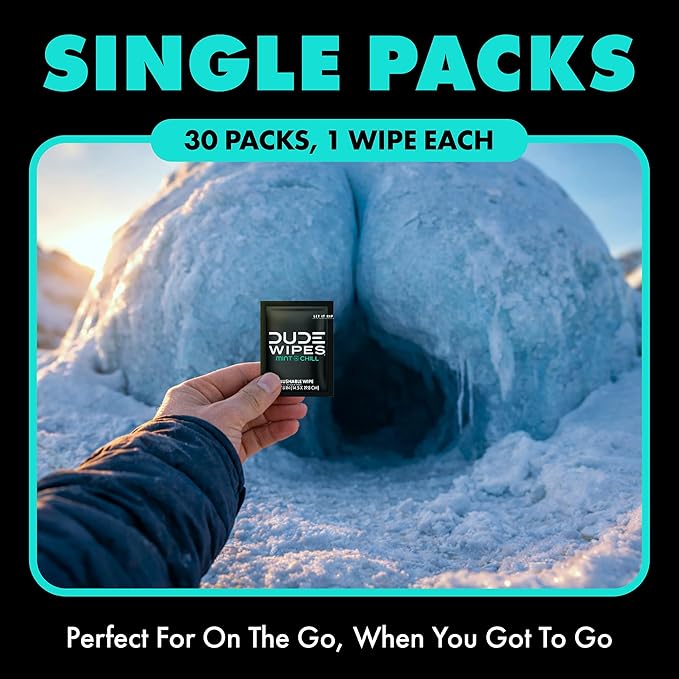 DUDE Wipes On-The-Go Mint Chill Travel Wipes - 30 Count (Individually Wrapped) - Extra-Large Adult Flushable Wipes - Infused with Tea Tree Oil, Vitamin E, and Aloe - Septic and Sewer Safe
