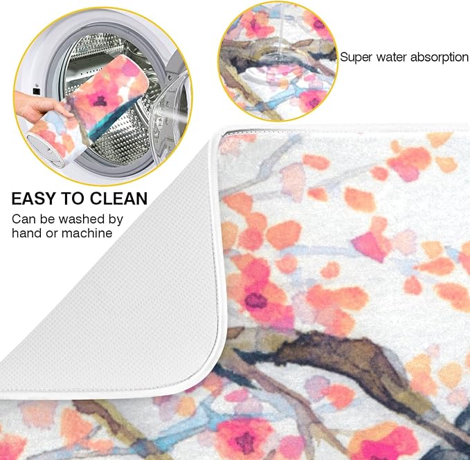 Absorbent Dish Drying Mat for Kitchen Counter - Watercolor Flowers and Birds Microfiber Drying Pad, Reversible Drainer Mats for Countertop, Small 16 x 18 inch