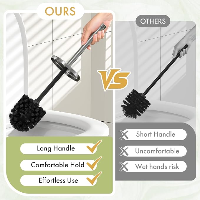 Toilet Bowl Brush and Holder Set 2 Pack with 4 Extra Brush Heads | Extra Long Handle with Splash Guard Cover, Tool-Free Installation, Bathroom Space-Saving, Cleaner Sets for Apartments, RV (Silver)