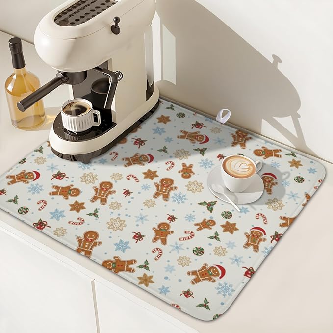 Christmas Gingerbread Man Dish Drying Mat 16x18 Inch Xmas Snowflake | Winter，Polyester，Absorbent Microfiber，for Kitchen Coffee Dining Bar Decor