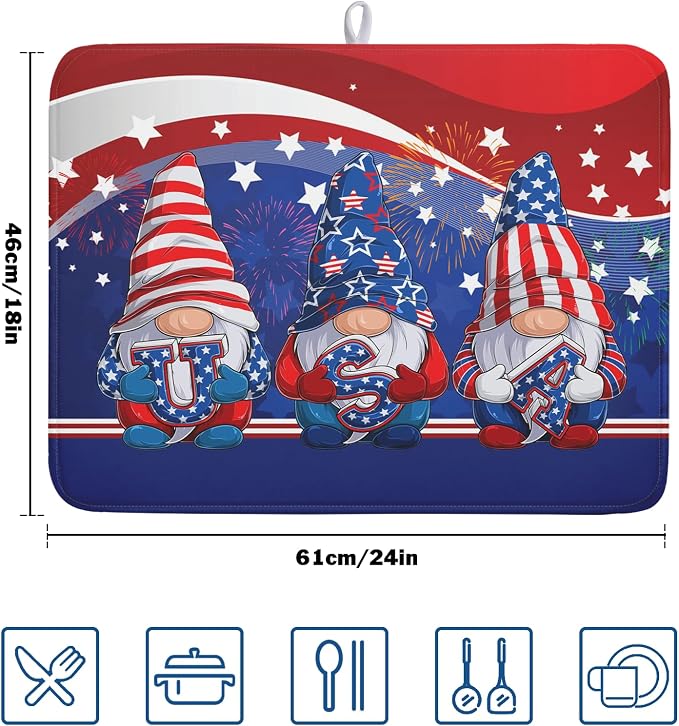 Kawani 4th of July Dish Drying Mat 18x24 Inch Spring Summer Patrioti Gnome Memorial Kitchen Mats Independece Day Absorbent Dishes Pad for Kitchen Counter Usa Stars Drying Mat Home Decor Countertops