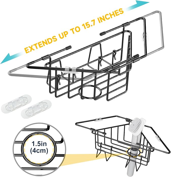 NiHome Extendable Arm Stainless Steel Kitchen Sink Corner Caddy, Easy Install Space-Saving Adjustable Sponge Holder, Non-Slip Rust-Resistant for Brushes, Soap, Sponges (Black)