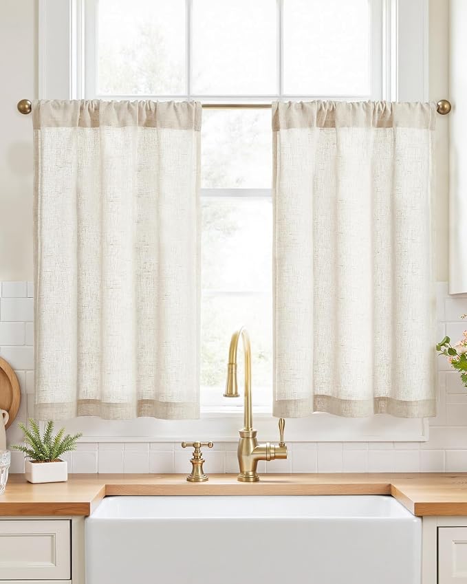 jinchan Rustic Linen Rod Pocket Tier Curtains, 26x36, 2 Panels, Natural | Light filtering, cafe curtains, machine washable, farmhouse, kitchen, bathrooms, laundry, small window, over sink
