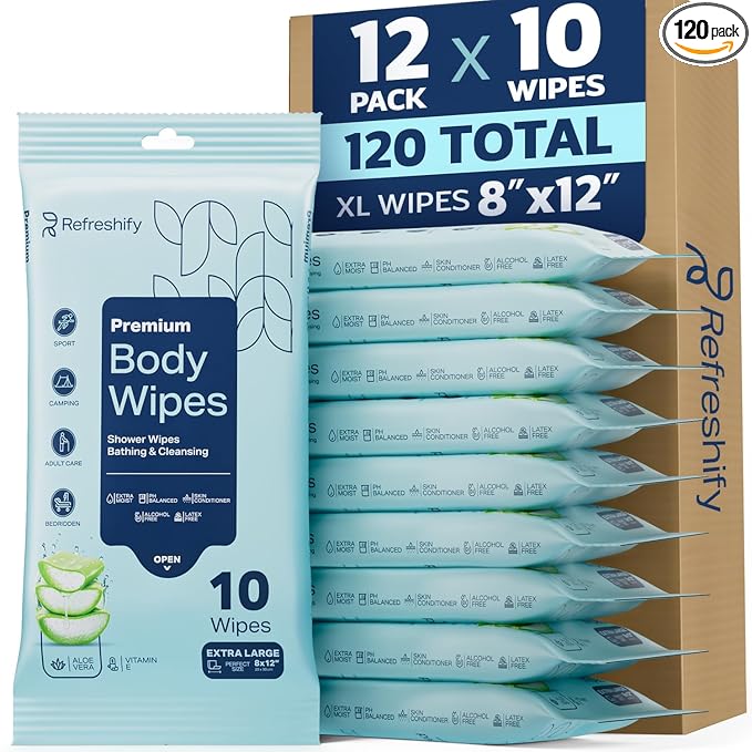 120 XL Shower Wipes – Body Wipes for Adults Bathing No Rinse – 12 Packs of 10 – Extra Moist Bath with Aloe & Vitamin E for Camping, Travel, Gym & Bedridden Care