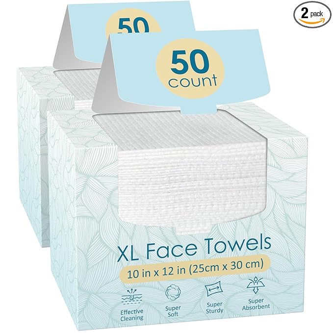 Fygrip 2 Pack of 50 count XL Disposable Face Towels 10” x 12”, 100% Viscose Fibre, Soft & Skin Friendly Face Towelettes Disposable, Facial Tissue Wipes for Women Cleansing