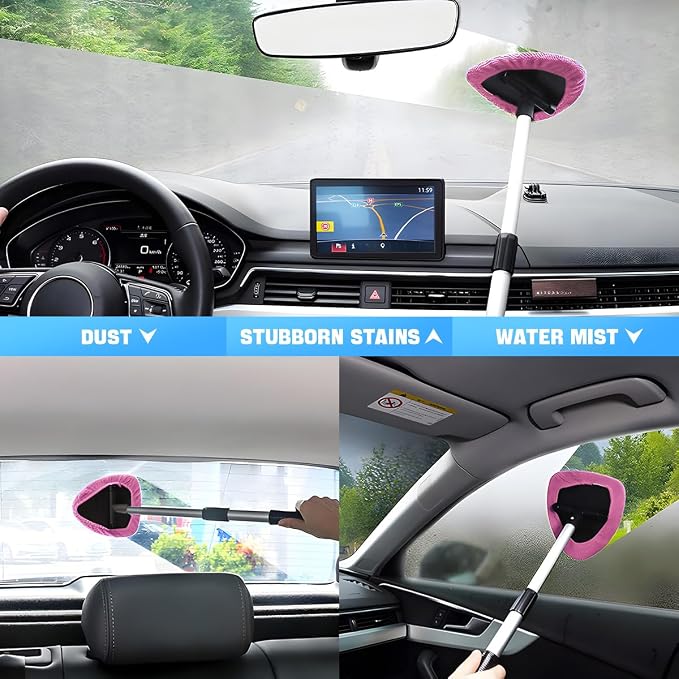 Extendable Car Windshield Cleaning Tool with Microfiber Pads, Pink | reusable glass-wiper design, interior and exterior window use, fits most cars, SUVs, and trucks, automotive cleaning tools