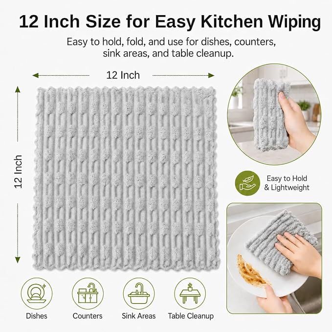 kimteny Microfiber Dish Cloths for Kitchen, 8 Pack 12 x 12 Inch Coral Velvet Kitchen Cleaning Cloths, Absorbent Reusable Non-Scratch Dish Rags for Dishes, Countertops & Sink
