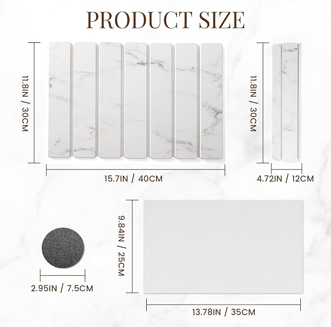 Large Stone Dish Drying Mats for Kitchen Counter 16"(L)×12"(W) Foldable Quick Dry Stone Dish Drying Mats Kitchen Absorbent Diatomaceous Earth Drying Stone Mat for Dishes Bottles Cups Marble White