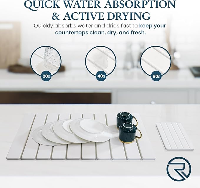 Stone Drying Mat for Kitchen Counter 24"×16"with Water Absorbent Diatomite Coasters 8" x 4", Foldable Quick Dry Mats for kitchen Dishes, Non Slip Quick Drying Diatomaceous Earth For Any Countertop