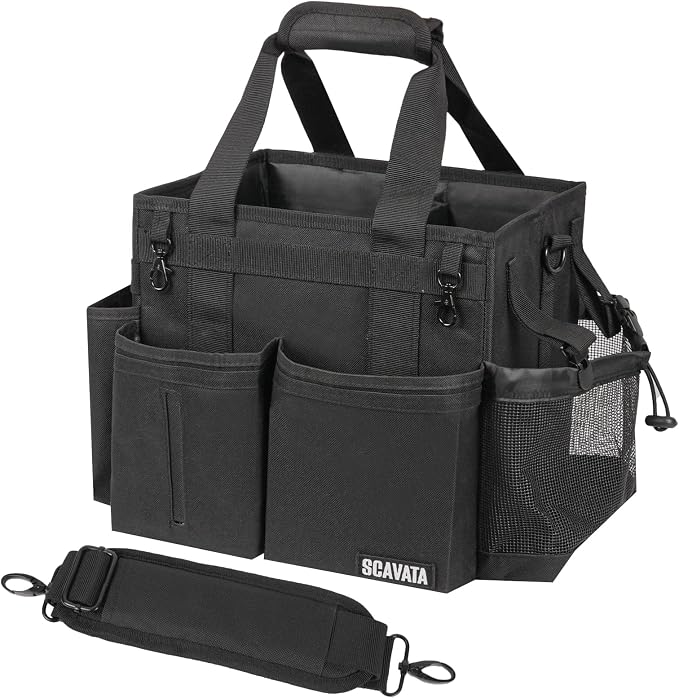 SCAVATA Compact Wearable Cleaning Caddy with Handle & Shoulder Straps | Small Cleaning Supplies Organizer, Under Sink & Car Cleaning Tools Storage Bag for Housekeepers Cleaners, Black