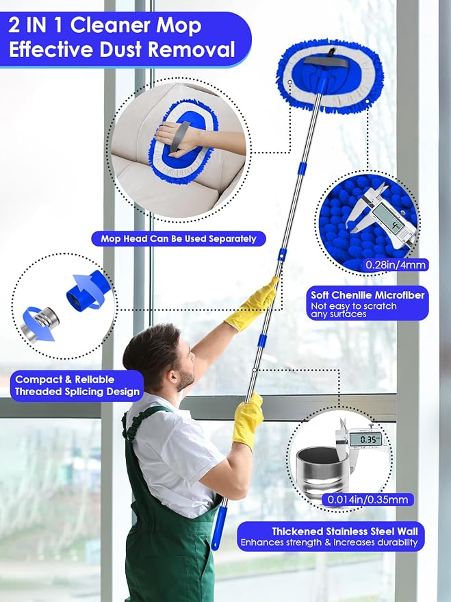 2 in 1 Lightweight Wall Cleaner Mop with Long Handle 75" 190cm Lint-Free Duster Cleaning Tool 2 Replacement Microfiber Chenille Pads for Kitchen Baseboard Ceiling Floor Window Door Scrubber Brush,Blue