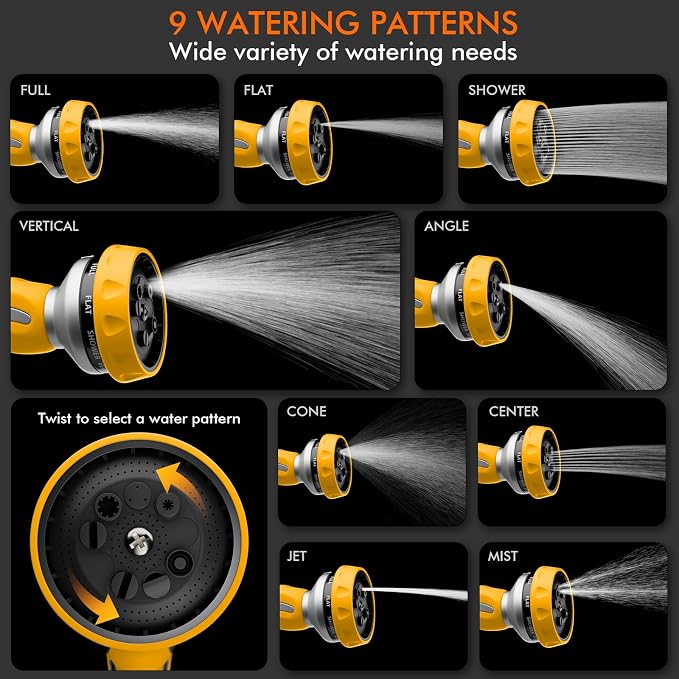 RESTMO Hose Nozzle Heavy Duty, Metal Water Hose Sprayer for Garden | 9 Spray Patterns, Leak Proof, Thumb Flow Control, On/Off Valve, Ideal for Outdoor Lawn & Plant, Car & Pet, Yellow