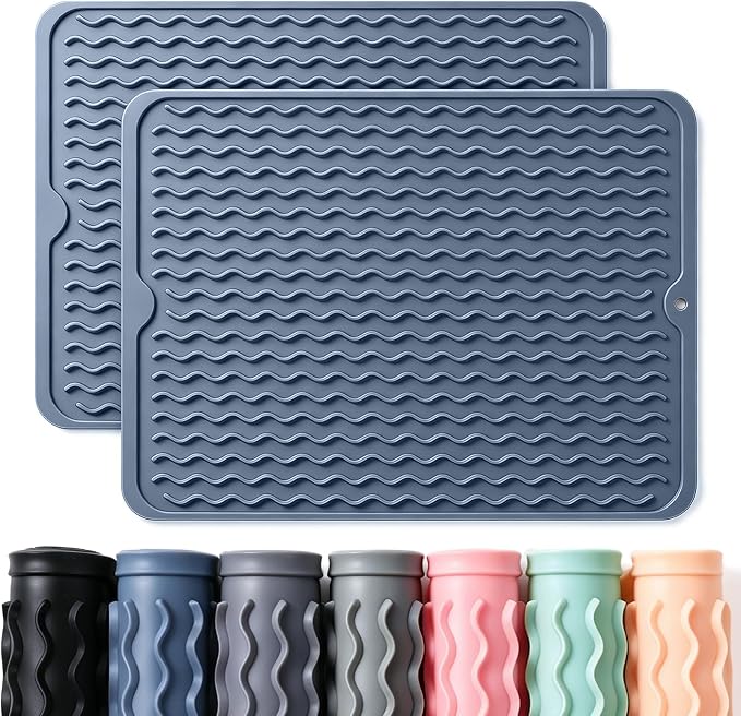 2 Pack Caketime Silicone Dish Drying Mat for Kitchen Counter Multiple Usage for Baking Cooking Grilling Under Sink Office Coffee Accessories Apartment Appliances Pioneer Woman Stuff 15"x11.5" Blue