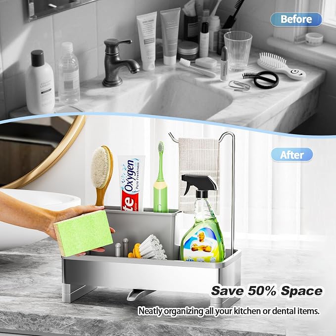 Ewaiira Sponge Holder for Kitchen Sink, Stainless Steel Sink Caddy with Brush Holder & Dishcloth Rack, Countertop Sink Organizer, Soap Dispenser Kitchen Organizers Storage Essentials (F-Gray 9.8″)